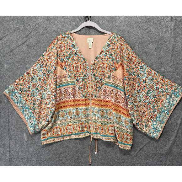 Chicos Jacket Blouse Women Sz 3 US L Peach Medallion Full Zip Lined Fringe Flare - Picture 1 of 8